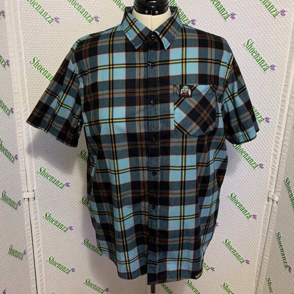 Middle Of Beyond Button Down Shirt Day Of The Dead MOB Plaid Zombie Blue Mens XL - Picture 1 of 5